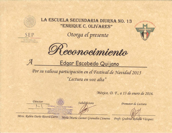 Reconocimiento Esc. Sec. 13, Festival de Navidad 2015 